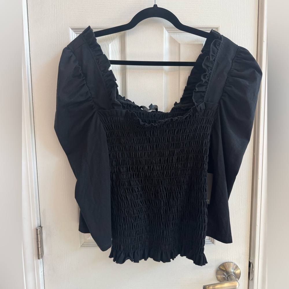 ELOQUII Black Smocked Puff Sleeve Ruffle Blouse Size 18/20 NWT